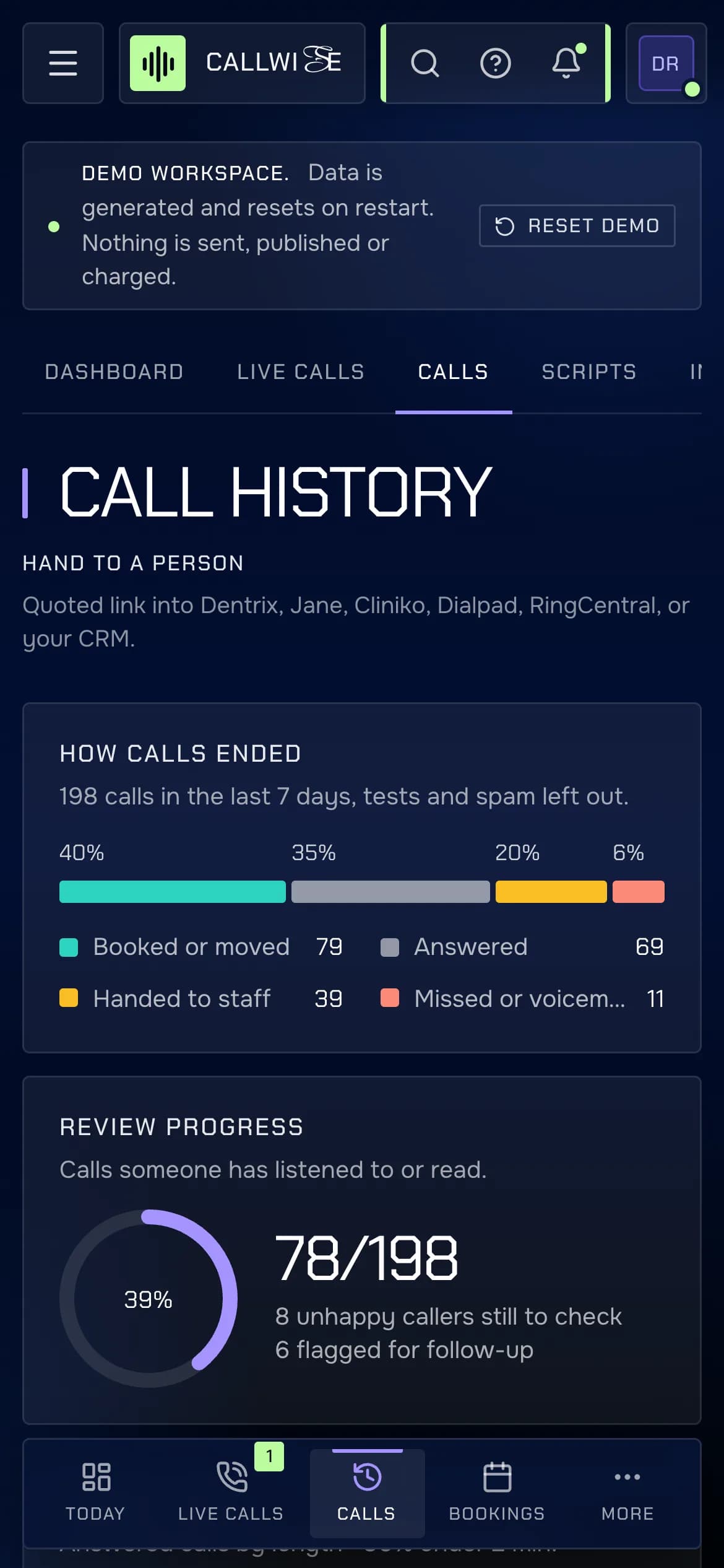 Callwise live demo on a phone: the call history with how calls ended and review progress.