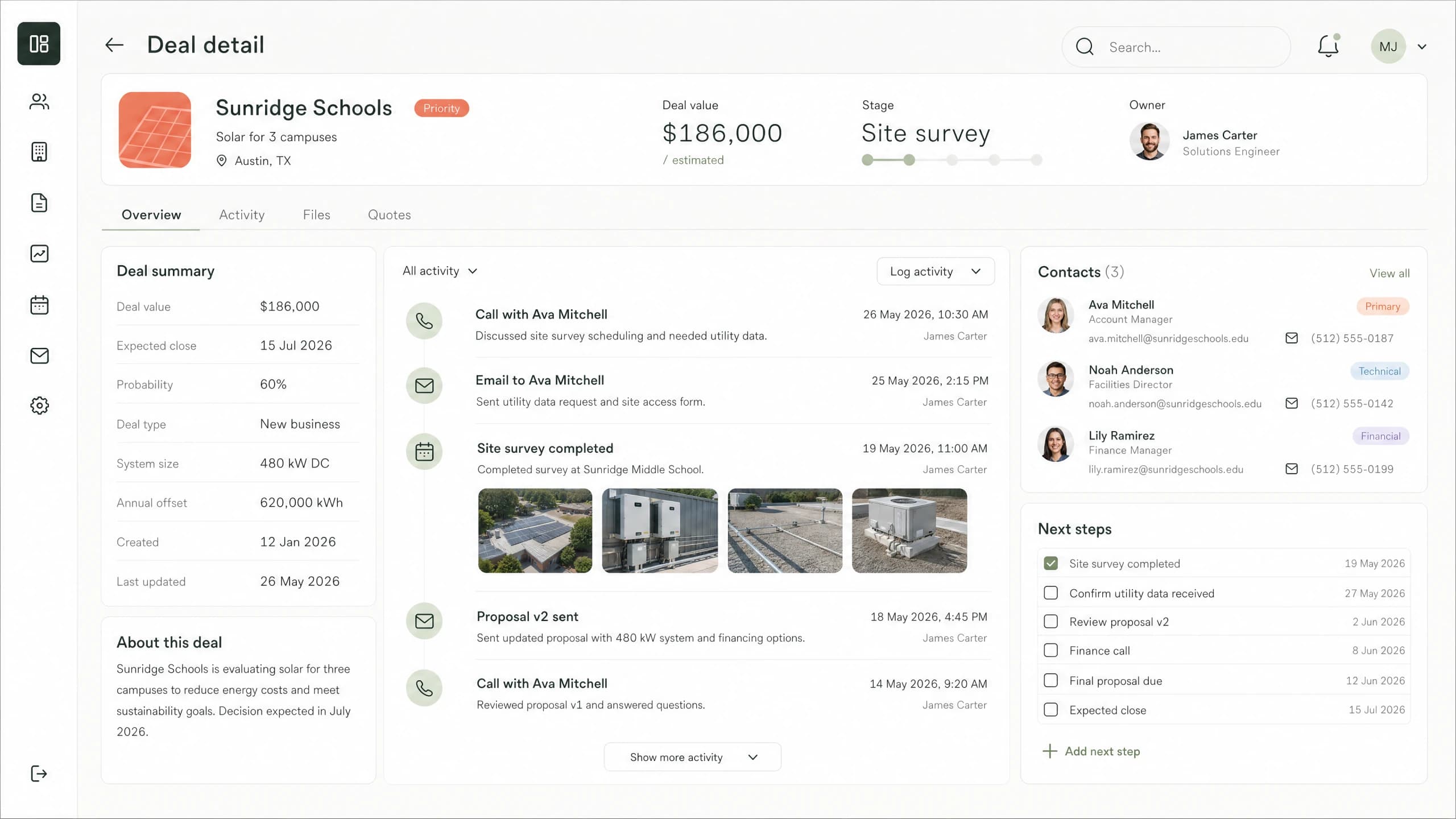 Concept di dashboard per la gestione delle trattative: raccoglie in un solo posto chiamate, email, visite in sede e preventivi di ogni trattativa; una pagina trattativa con timeline, contatti e prossimi passi.