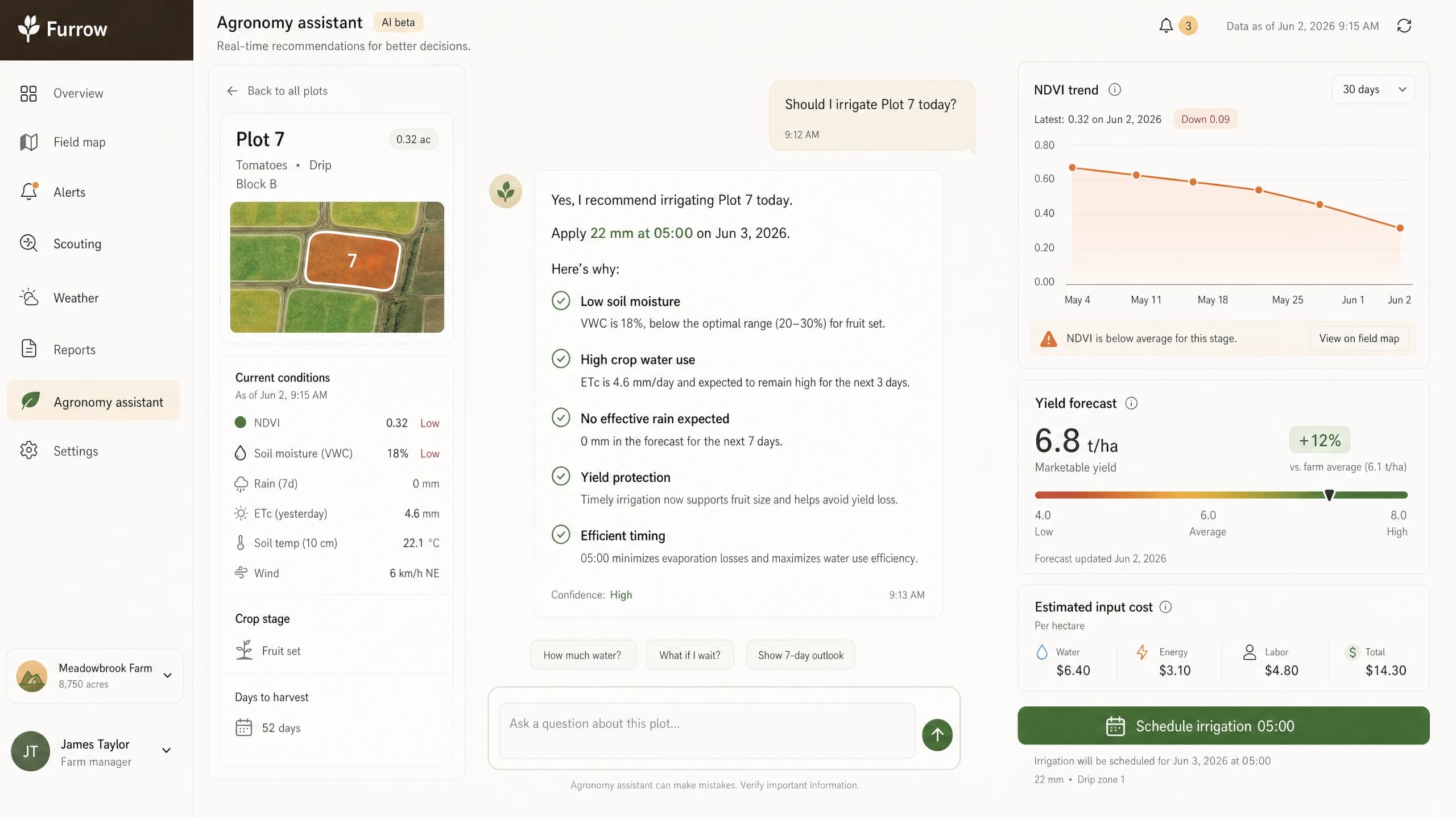 Concept di dashboard per un assistente agronomico AI: dà ai coltivatori consigli immediati sul singolo appezzamento quando non c'è un agronomo disponibile; risposta in chat con un consiglio di irrigazione e un grafico dell'andamento della salute della coltura.