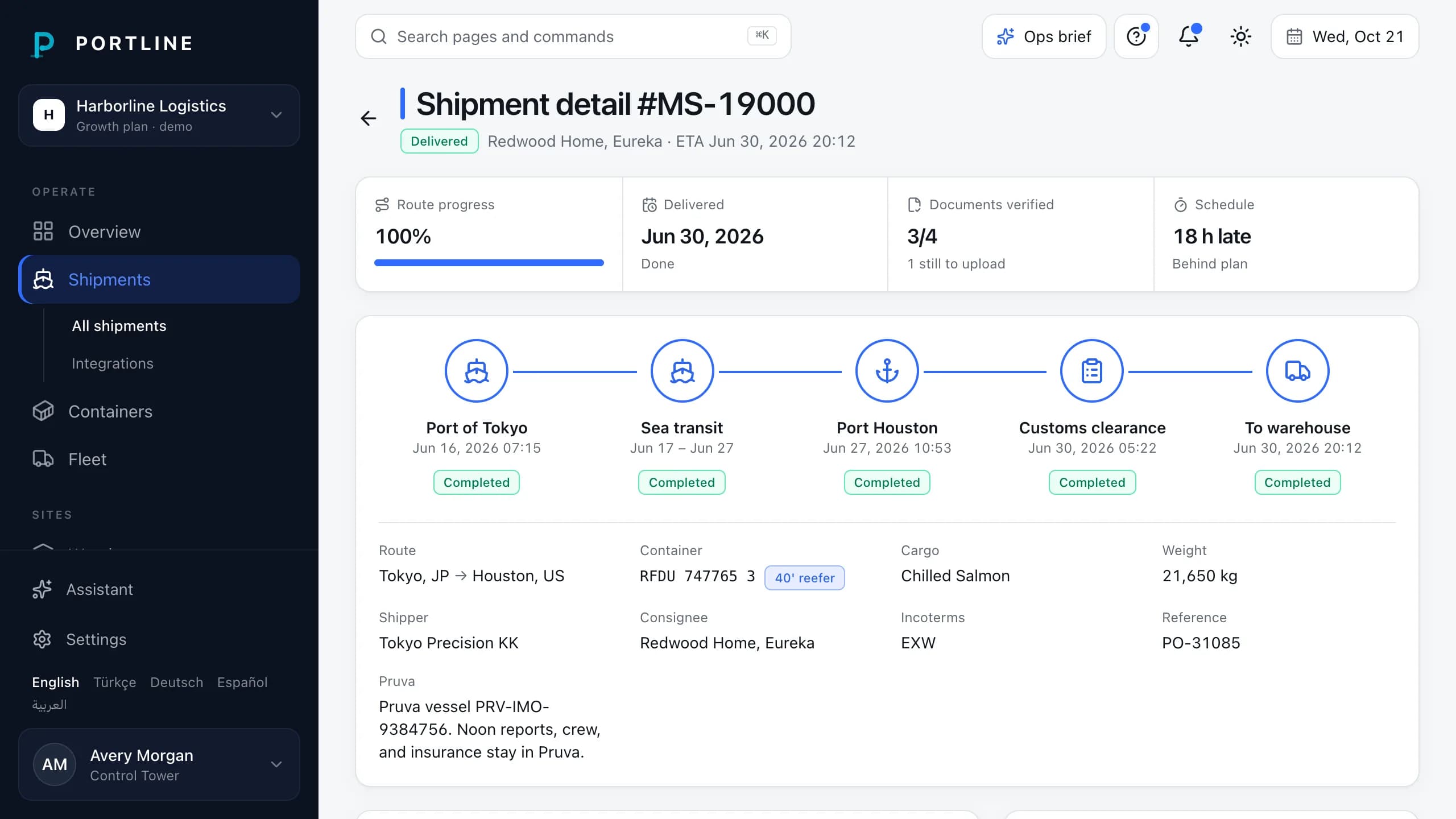 Live-Demo von Portline, Sendungsdetail: die Route eines Containers vom Hafen Tokio über Seetransport und Zoll bis ins Lager in Houston, mit Ladung, Gewicht und dem verknüpften Pruva-Schiff.