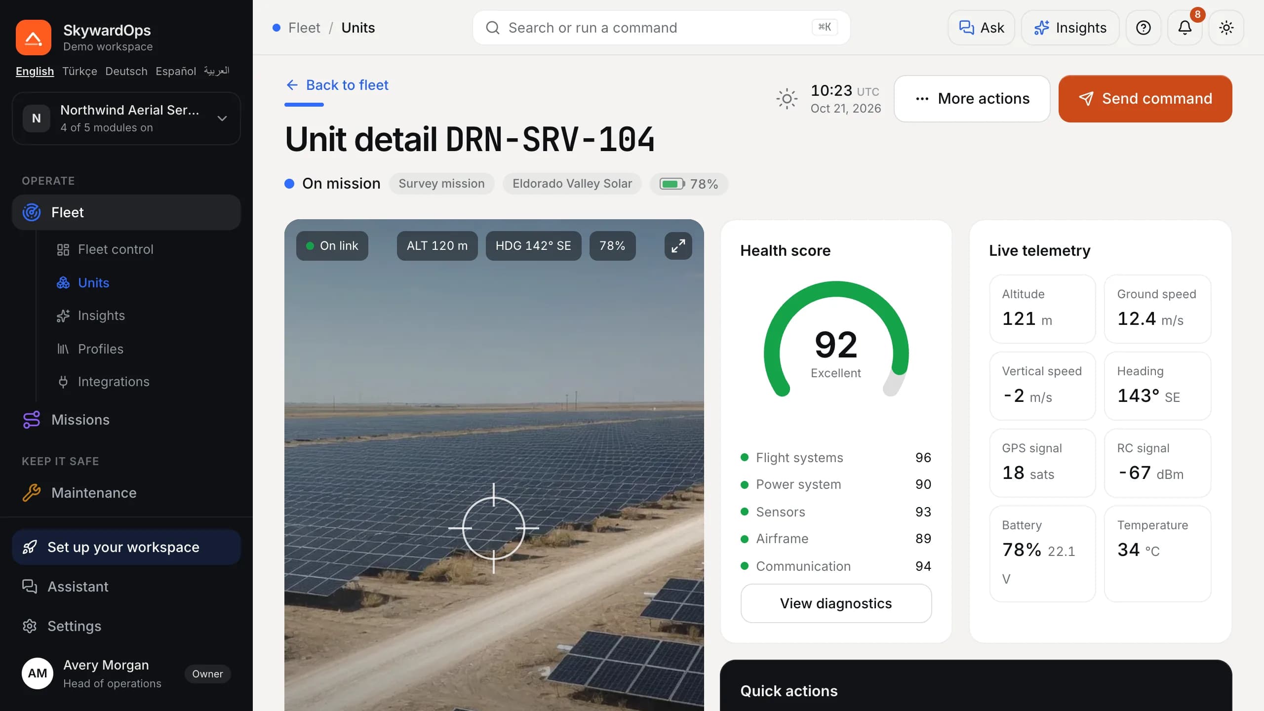 Demo dal vivo di SkywardOps, dettaglio dell'unità per il drone DRN-SRV-104: il feed della telecamera, un punteggio di salute di 92 e la telemetria in tempo reale.
