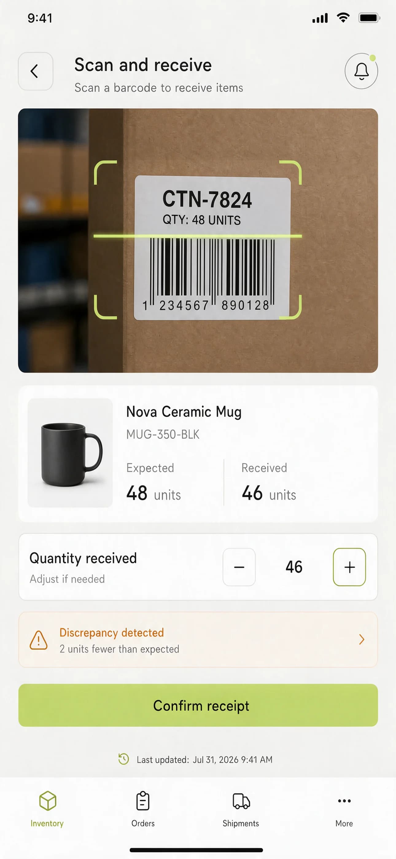 App per il magazzino: registra la merce in entrata scansionando i colli e segnala le unità mancanti; una schermata di scansione barcode con le quantità attese e ricevute.