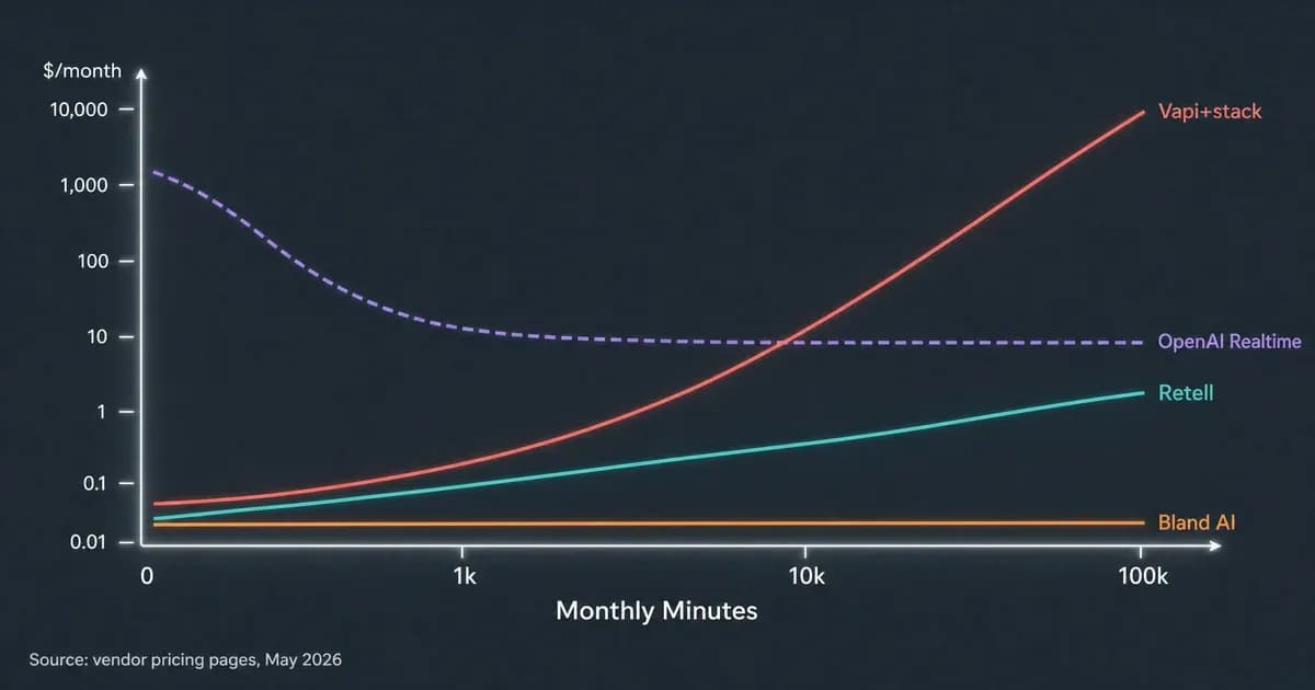 AI voice agent pricing chart May 2026 showing monthly cost across volume tiers for Bland, Retell, Vapi, and OpenAI Realtime