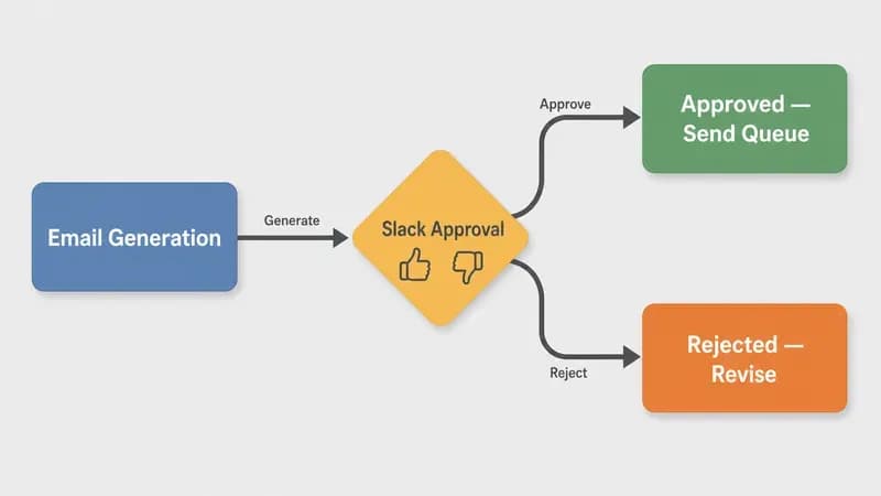 휴먼 인 더 루프 승인 분기: 이메일 생성이 Slack 승인 다이아몬드로 라우팅되고, 여기서 승인됨(전송 대기열) 또는 거부됨(수정) 경로로 갈라진다