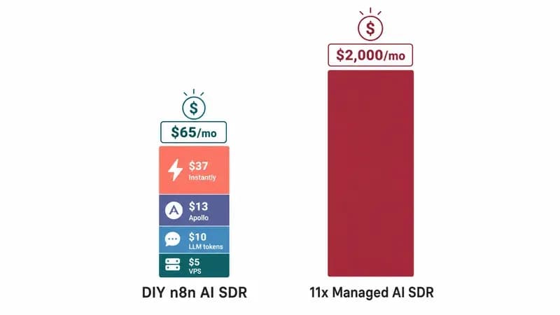 DIY n8n 스택 월 $65($5 VPS, $10 LLM, $13 Apollo, $37 Instantly로 분할)와 월 $2,000의 11x SaaS 컬럼을 비교한 비용 비교 누적 막대그래프