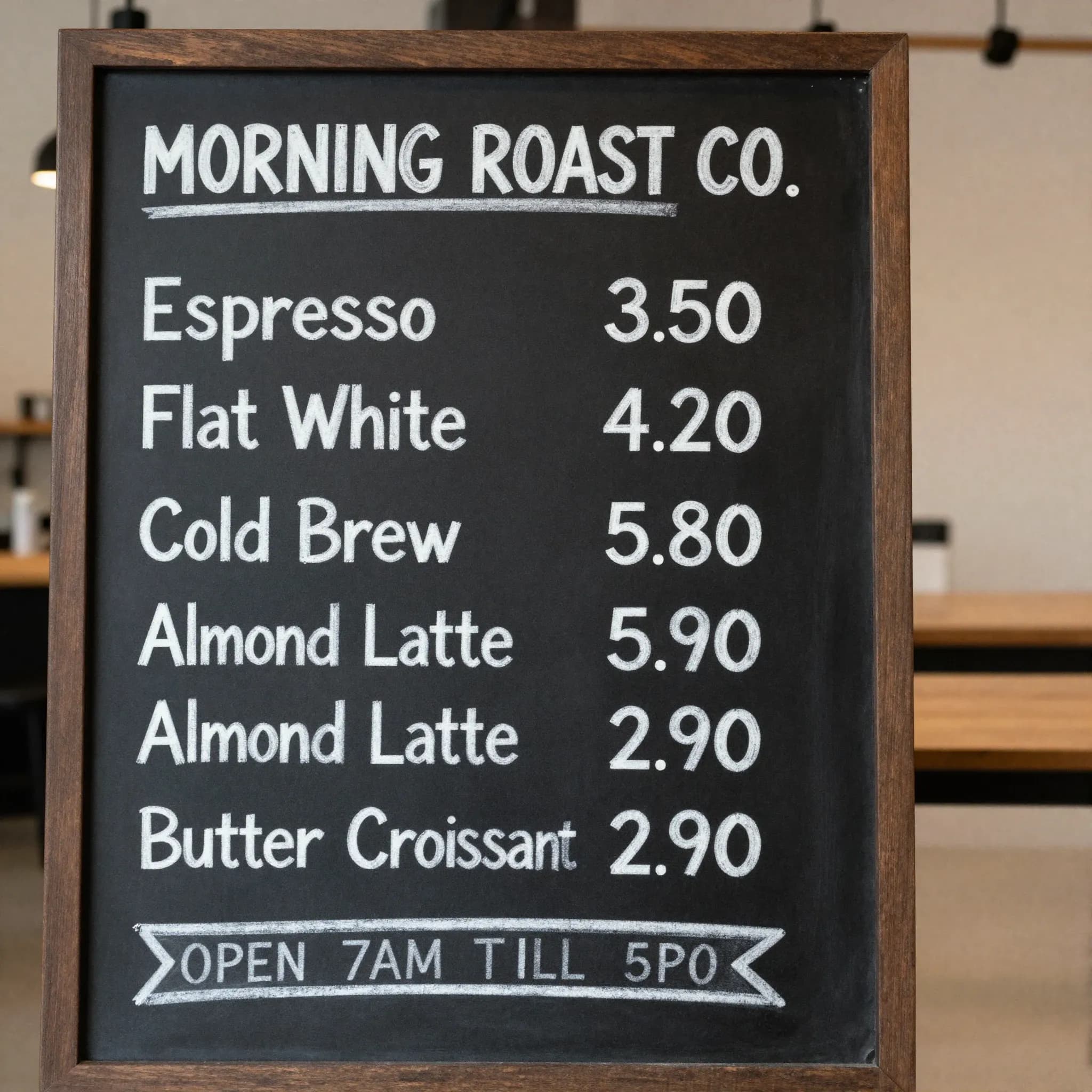 Un modèle IA léger déforme le texte d'un menu café, duplique des lignes et affiche 5PO au lieu de 5PM