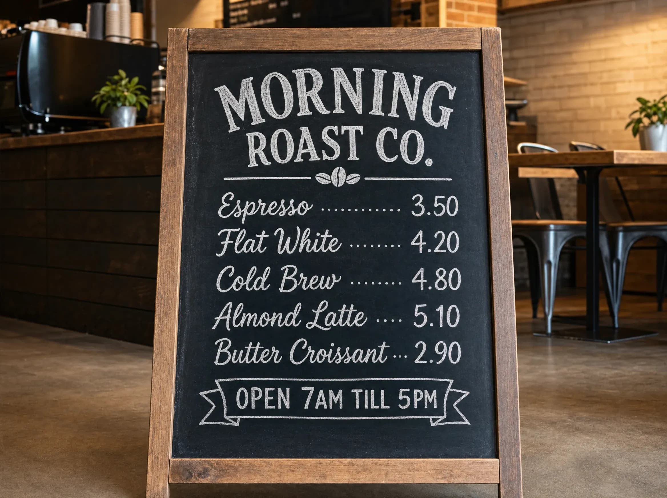 Exemple de rendu de texte IA haut de gamme : un menu de café lisible sur tableau noir