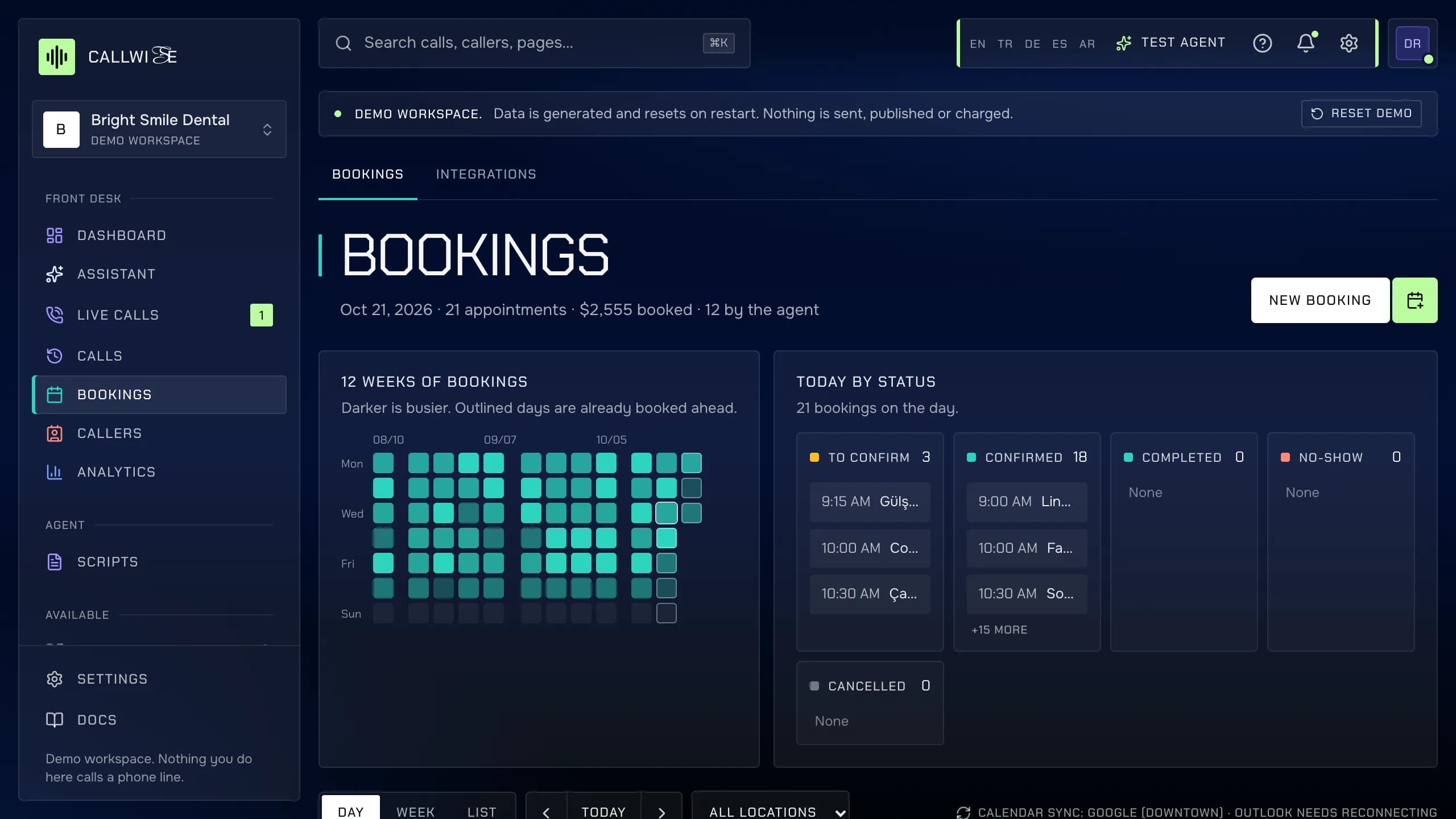 Callwise live demo, Bookings page: twelve weeks of bookings as a heat map, and today's appointments by status.