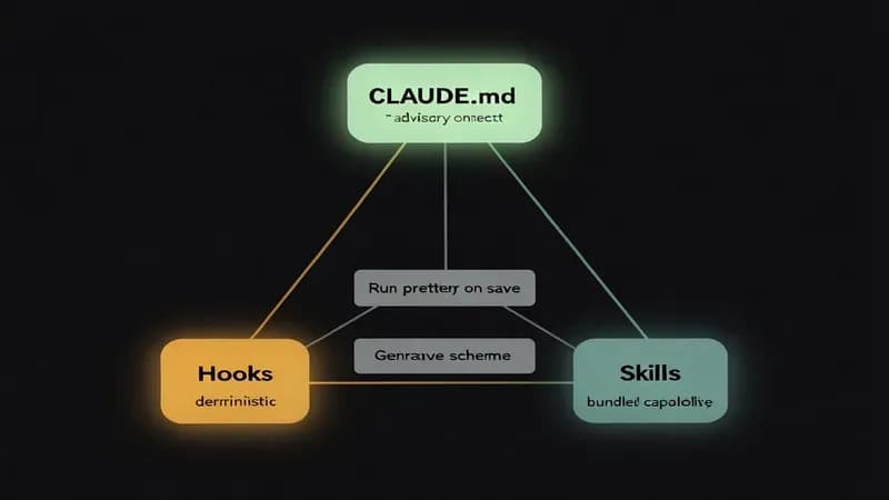 Triángulo de decisión comparando CLAUDE.md (orientativo), Hooks (determinista) y Skills (capacidad empaquetada)