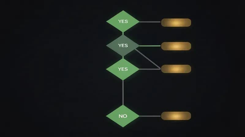 Diagrama de árbol de decisión vertical para elegir un agente de IA para programar en 2026, mostrando cinco ramas de sí/no que llevan a Claude Code, Cursor, Devin, GitHub Copilot o ninguno