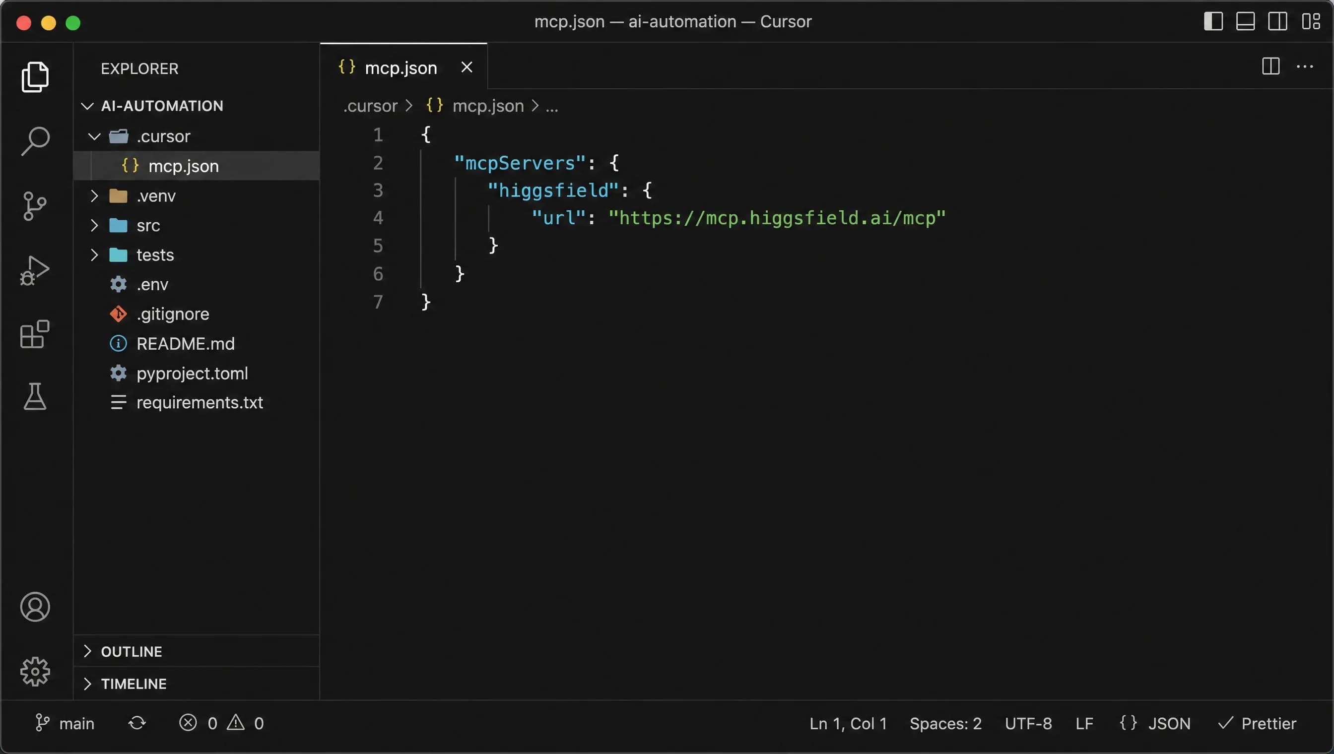 Le fichier mcp.json de Cursor avec le serveur Higgsfield enregistré.