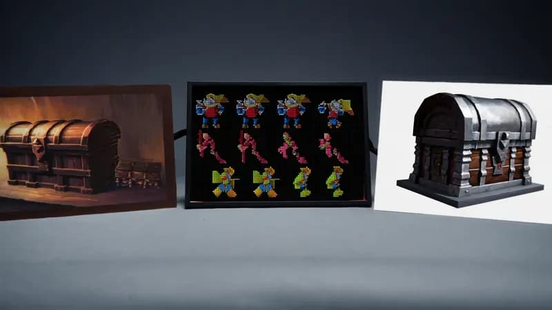 Comparación de tests de arte IA: pintura conceptual Higgsfield, sprite sheet Pixellab y cofre 3D Meshy