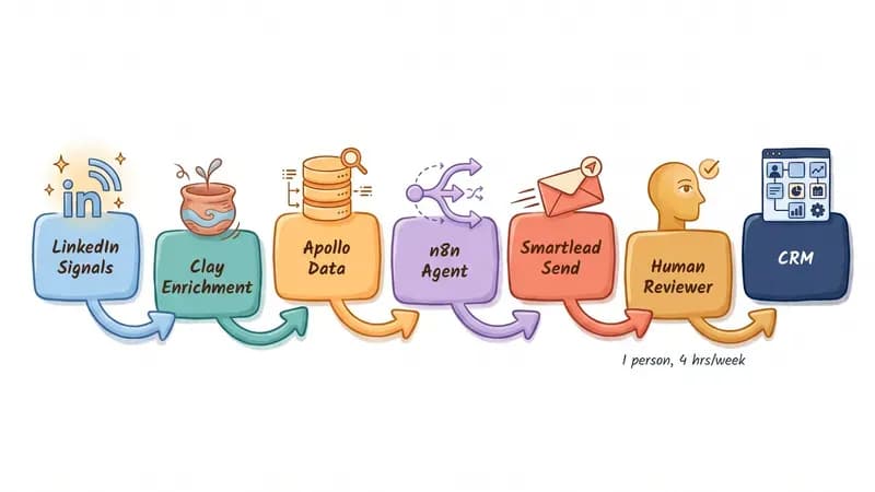 AI SDR stack architecture from the Q1 2026 Techsy client engagement: Clay enrichment, Apollo data, n8n agent, Smartlead, and a human reviewer before CRM.