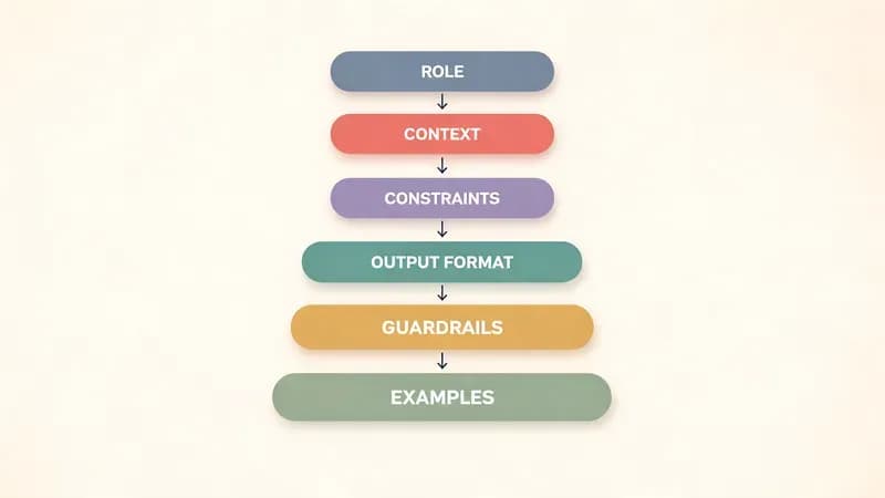 L'anatomia a 6 blocchi di un system prompt: ruolo, contesto, vincoli, formato di output, guardrail ed esempi, in ordine