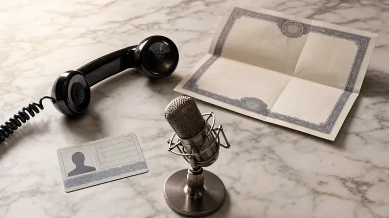 Voice agent telephony compliance still life, phone handset, regulatory document, ID card representing TCPA, A2P 10DLC, and HIPAA requirements