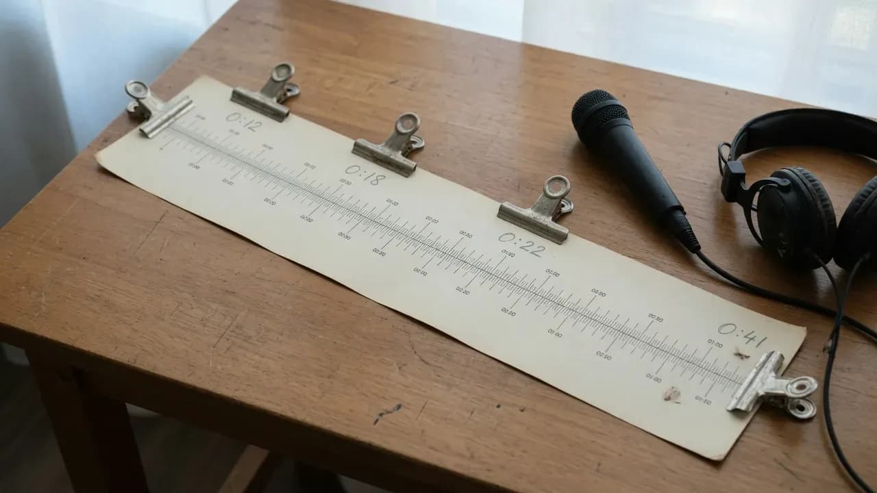 Timeline imprimée d'une démo de 6 minutes, pinces posées à 0:12, 0:18, 0:22 et 0:41