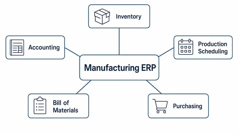 Hub-and-spoke diagram, der viser manufacturing ERP, der centraliserer lager, produktionsplanlægning, indkøb, stykliste og regnskab for en lille virksomhed