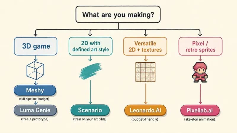Decision map routing four game-asset layers to their best-fit AI tool