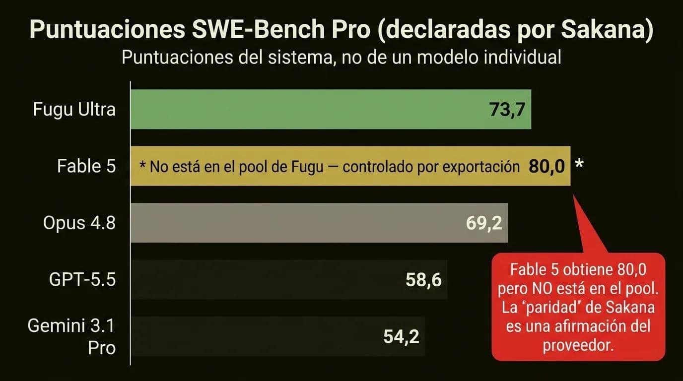 Gráfico de barras comparando SWE-Bench Pro: Fugu Ultra 73,7, Fable 5 80,0 (fuera del pool), Opus 4.8 69,2, GPT-5.5 58,6