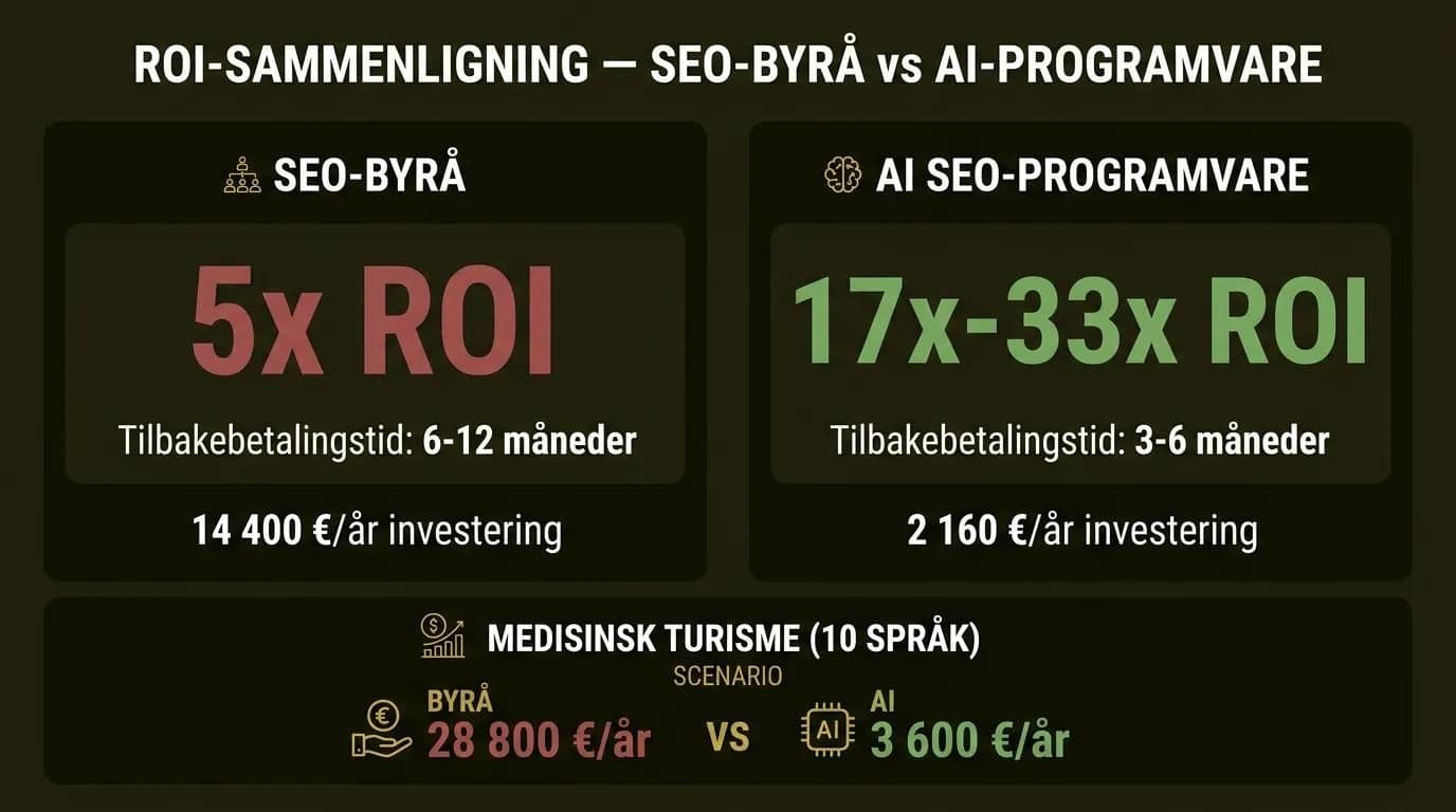 SEO investeringsavkastning: byrå 5x vs AI-programvare 17-33x infografik