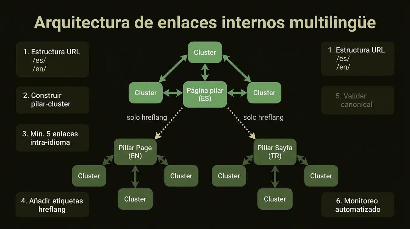 Diagrama de arquitectura de enlaces internos para sitio multilingüe con 6 pasos