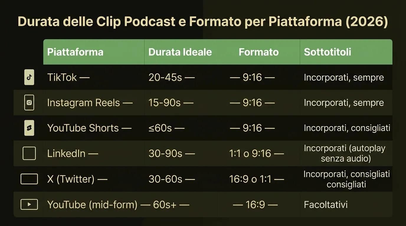 Durata delle clip podcast e formato per piattaforma nel 2026