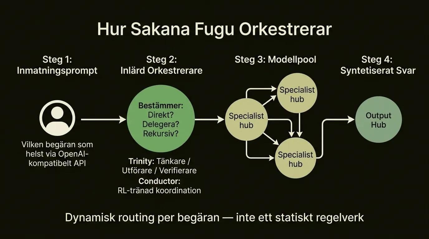 Flödesdiagram som visar hur Sakana Fugus inlärda orkestrerare dirigerar, verifierar och syntetiserar via en specialistmodellpool