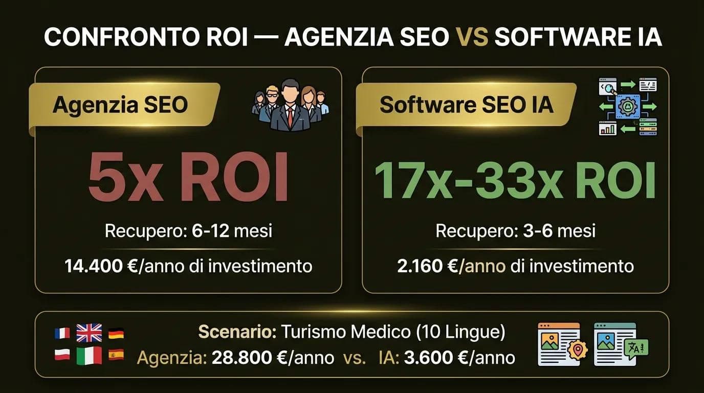 Confronto ROI SEO: agenzia 5x vs software IA 17-33x infografica