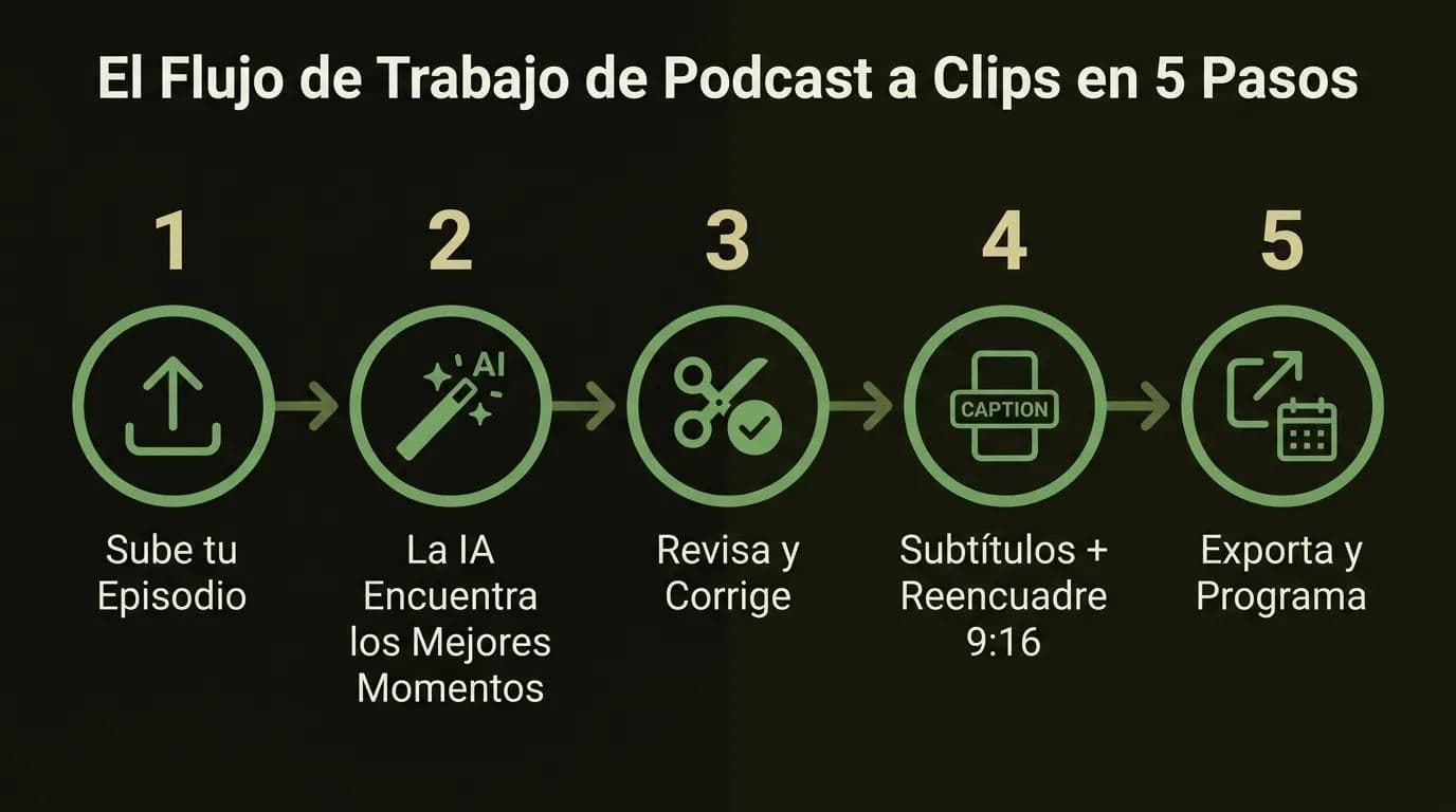 Cómo hacer clips de podcast para redes sociales con IA: el flujo de trabajo de cinco pasos de episodio a clips