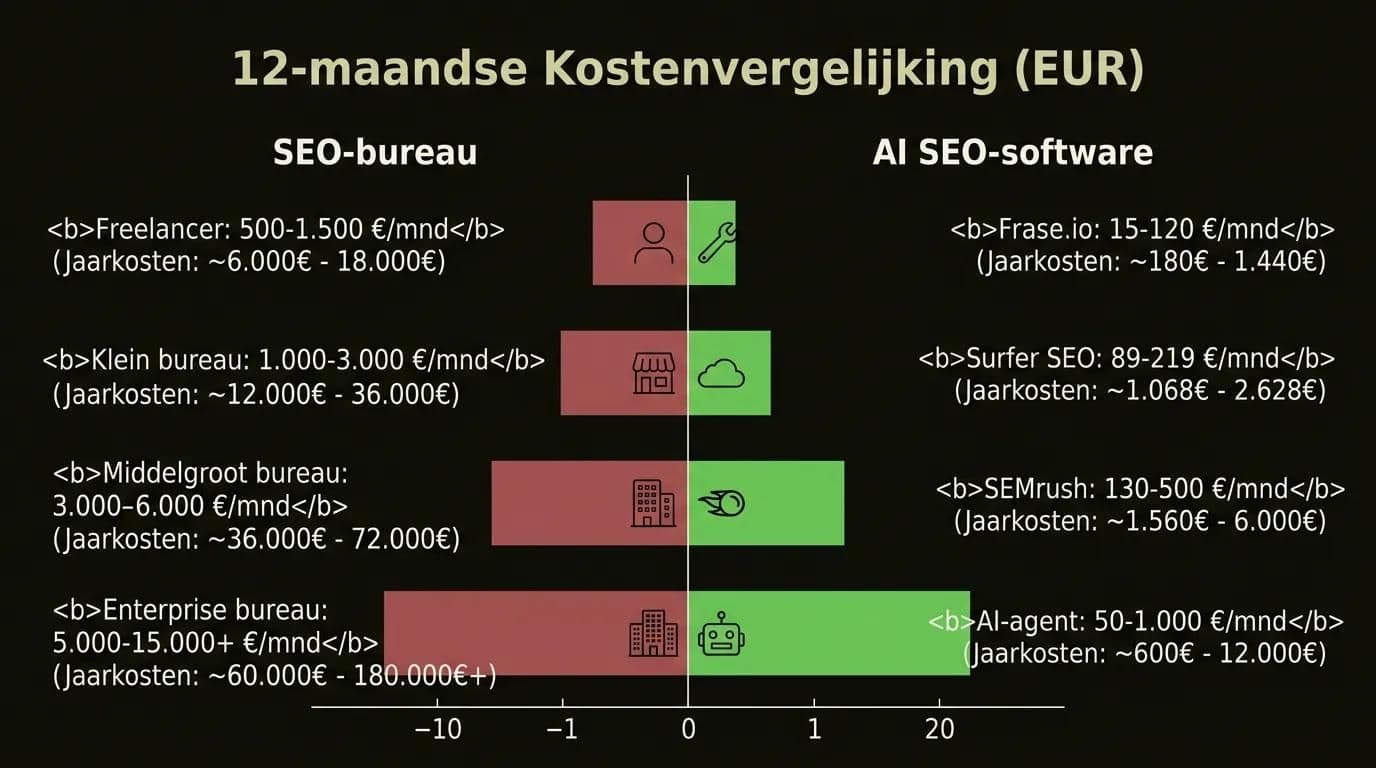 SEO-bureau vs AI SEO-software 12-maandse kostenvergelijking infographic
