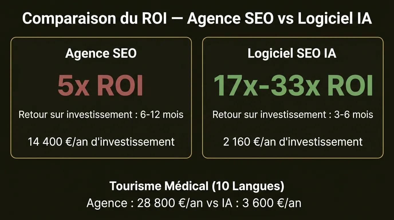 Comparaison du ROI SEO : agence 5x vs logiciel IA 17-33x infographie