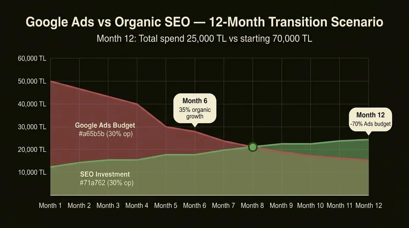 Orçamento de Google Ads vs investimento em SEO orgânico: transição de 12 meses, cenário de redução de 70% no gasto com Ads