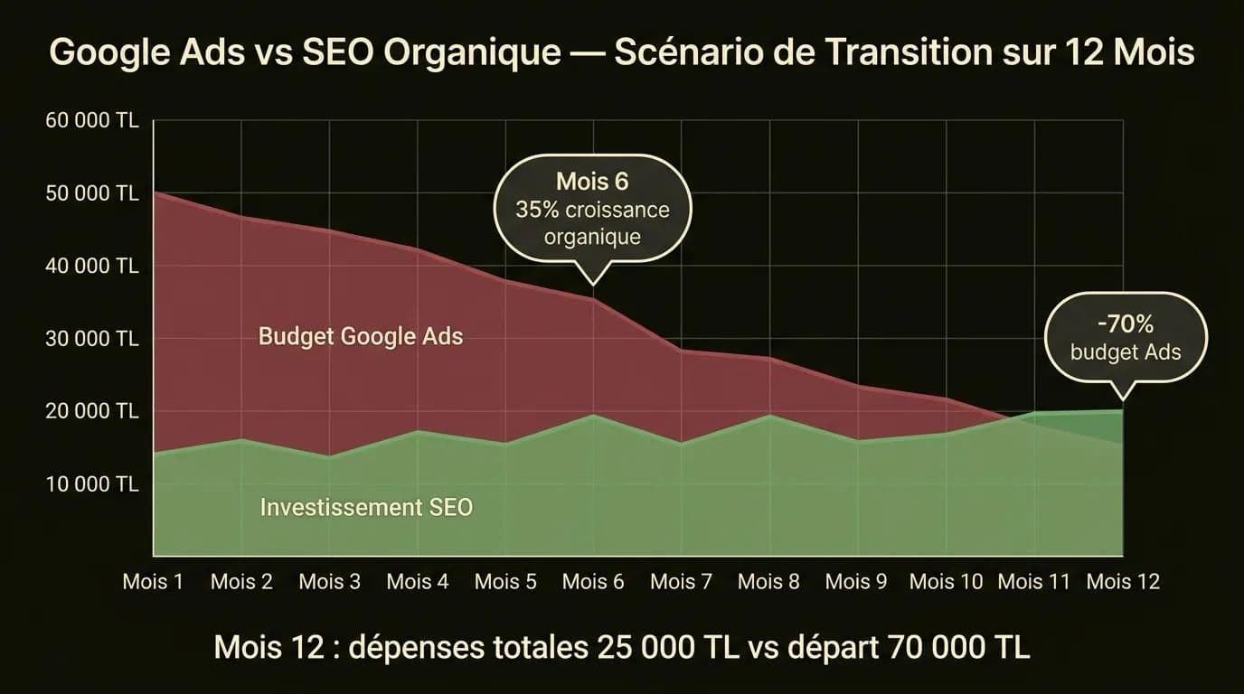 Budget Google Ads vs investissement SEO organique — scénario de transition 12 mois réduction 70%