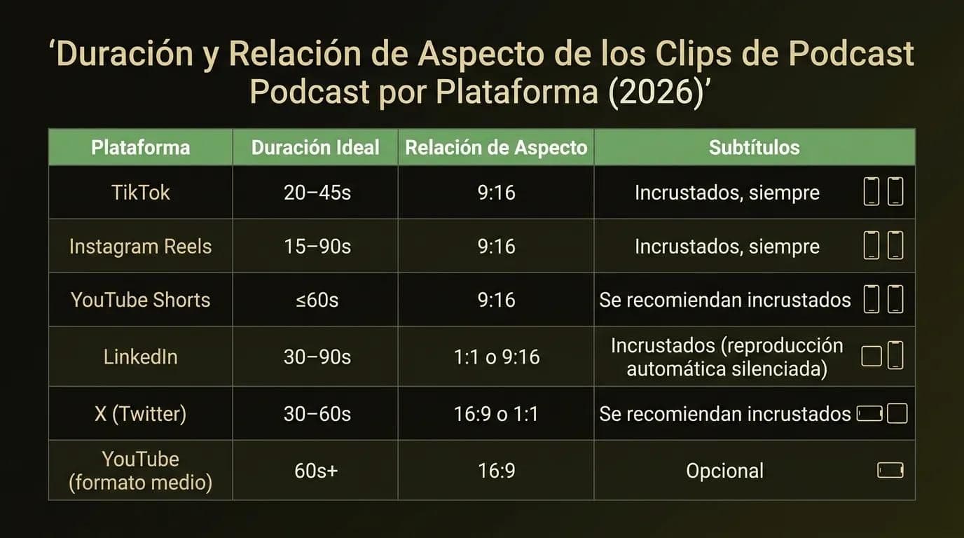 Duración y relación de aspecto de los clips de podcast por plataforma para 2026