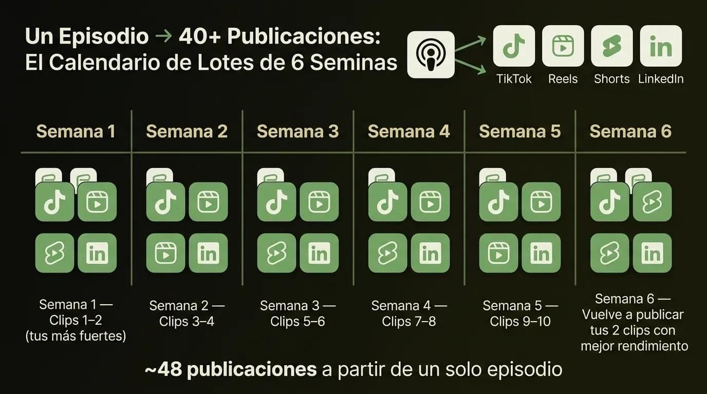 Calendario de publicación de seis semanas que convierte un episodio de podcast en más de 40 clips para redes sociales