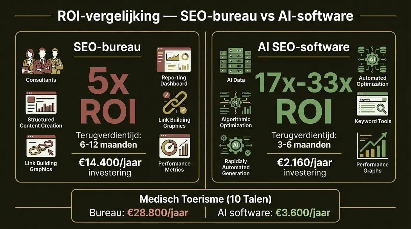 SEO investering ROI vergelijking: bureau 5x vs AI software 17-33x infographic