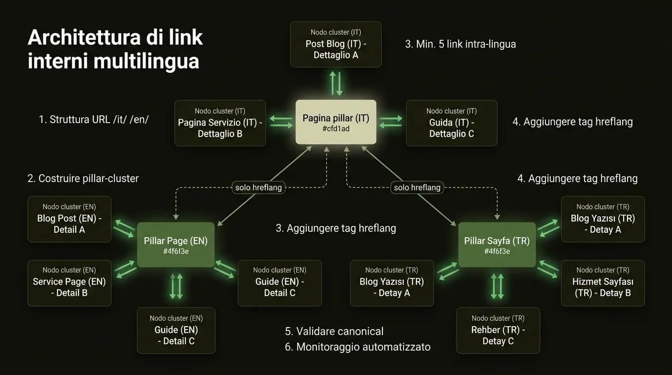 Diagramma dell'architettura di link interni per sito multilingua con 6 passaggi