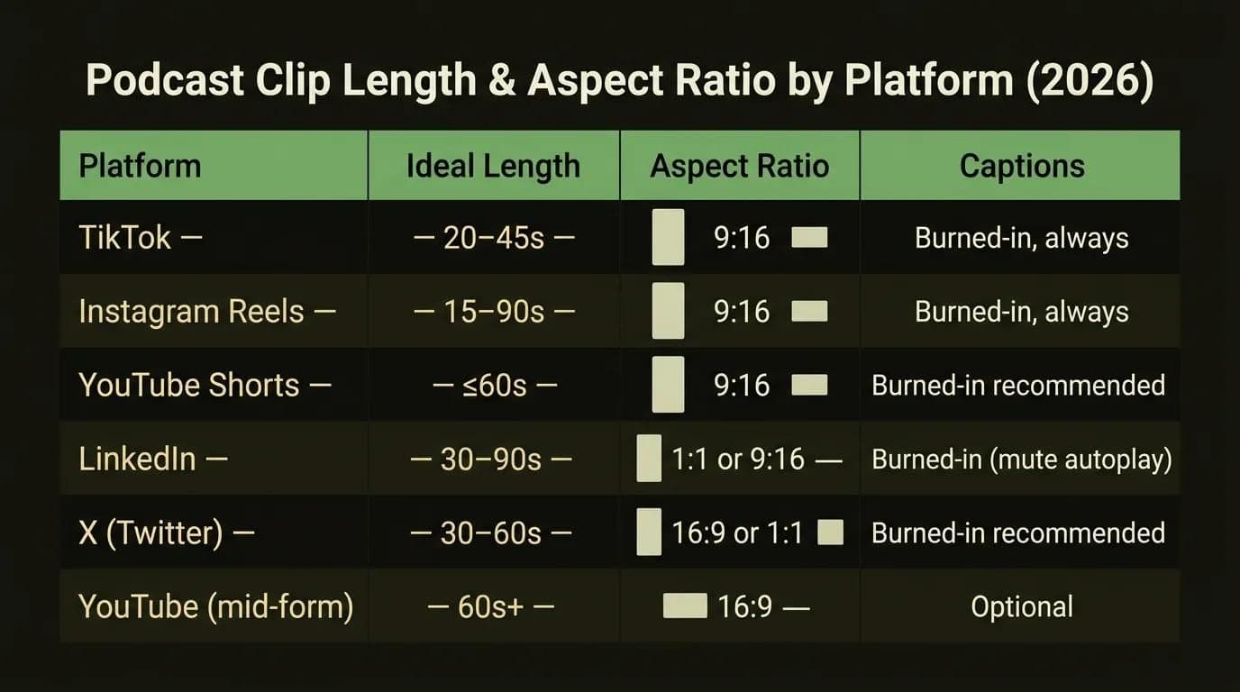 Podcast clip length and aspect ratio by platform for 2026