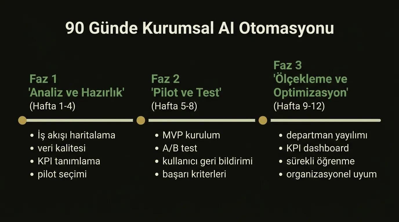 90 günde kurumsal AI iş akışı otomasyonu uygulama yol haritası: süreç analizi, pilot proje ve ölçekleme fazları