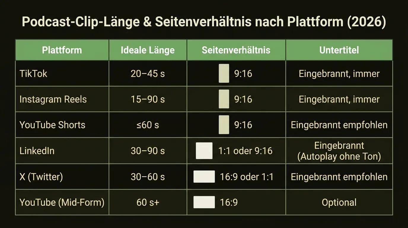 Podcast-Clip-Länge und Seitenverhältnis nach Plattform für 2026