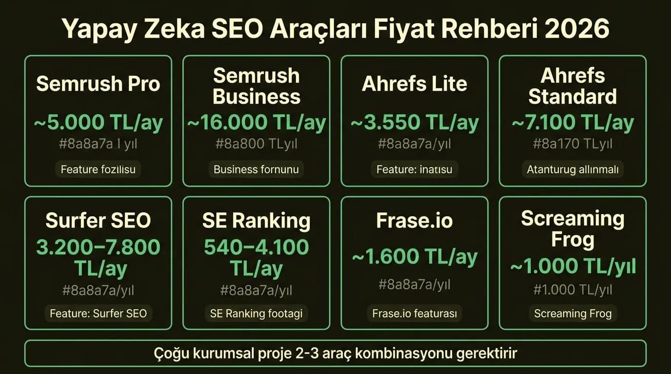 2026 yapay zeka SEO araçları fiyat karşılaştırması: Semrush, Ahrefs, Surfer SEO, SE Ranking aylık TL fiyatları