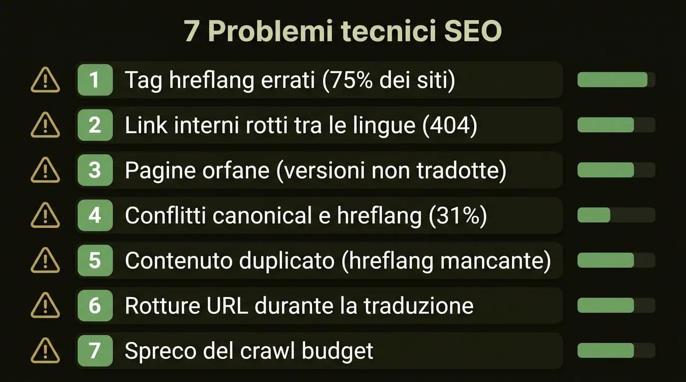 I 7 maggiori problemi tecnici SEO nei siti web multilingua come infografica