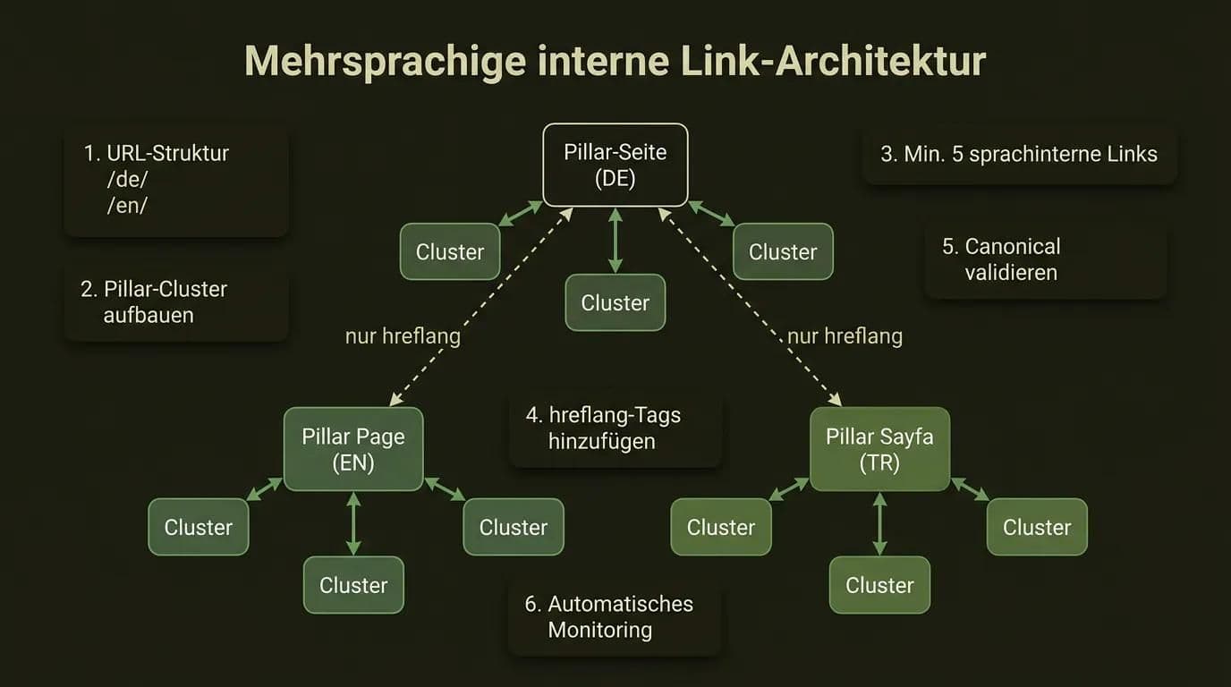 Mehrsprachige Website interne Link-Architektur Diagramm mit 6 Aufbauschritten