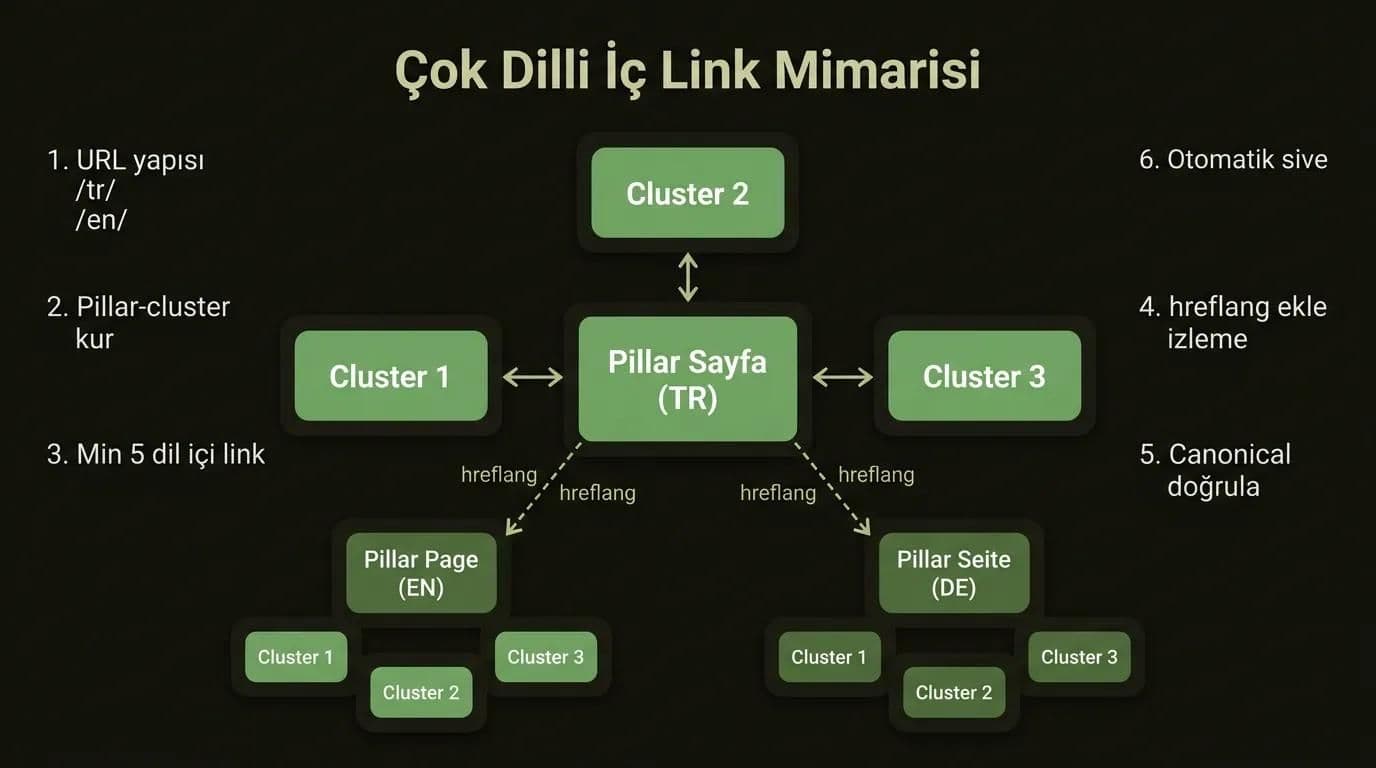 Çok dilli sitede pillar-cluster iç link mimarisi kurulum adımlarını gösteren diyagram