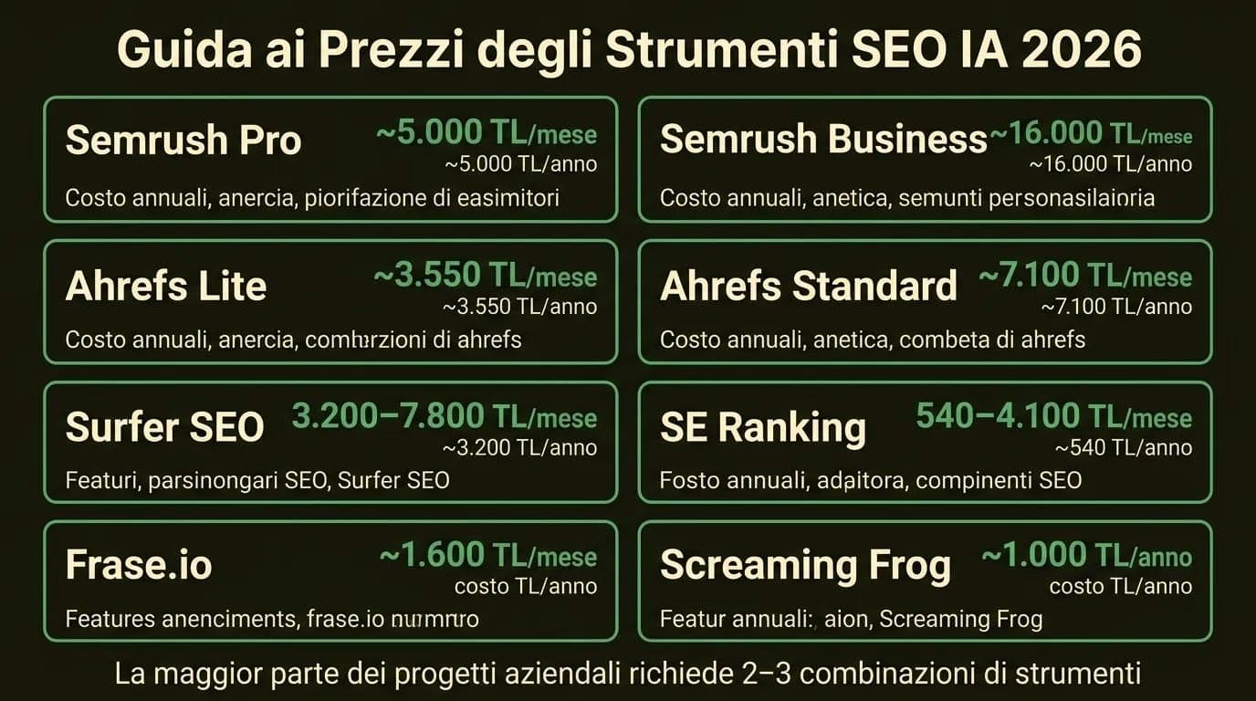Guida prezzi strumenti SEO IA 2026: Semrush, Ahrefs, Surfer SEO, SE Ranking prezzi mensili confrontati