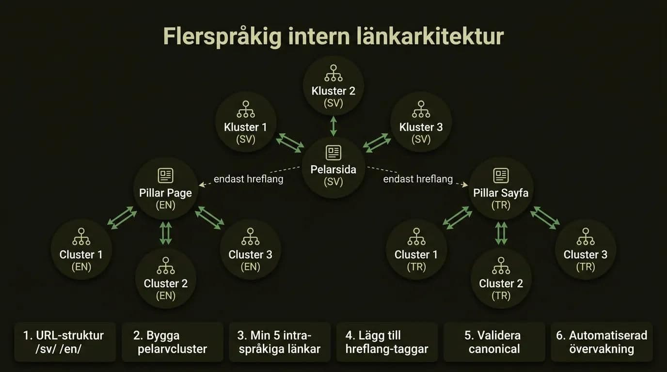 Diagram över intern länkarkitektur för flerspråkig webbplats med 6 byggsteg