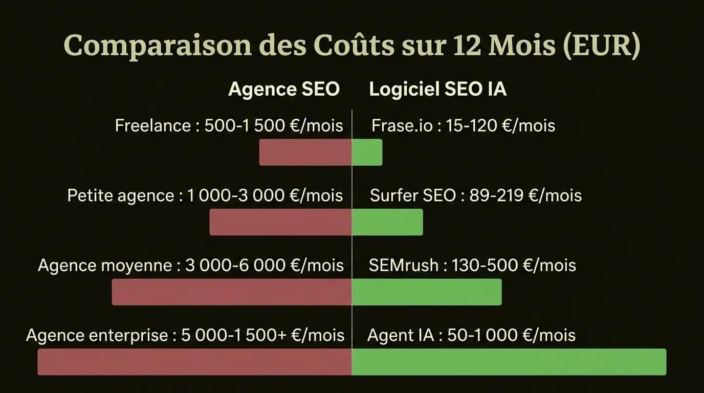 Comparaison des coûts agence SEO vs logiciel SEO IA sur 12 mois infographie
