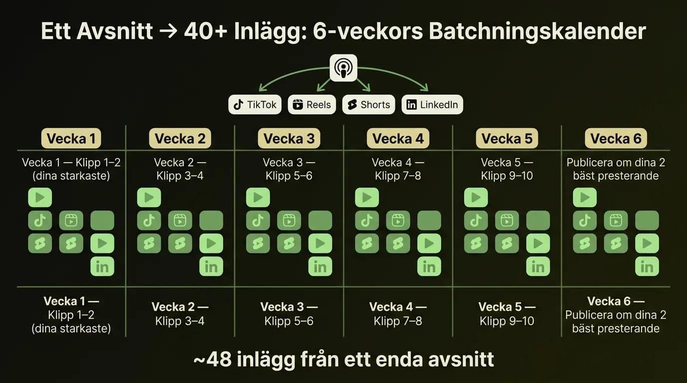 Sexveckors publiceringskalender som förvandlar ett poddavsnitt till 40+ klipp för sociala medier