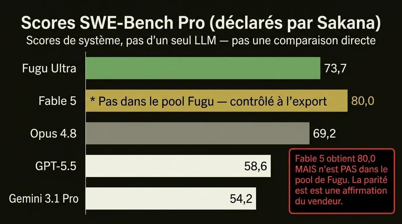 Graphique à barres comparant SWE-Bench Pro : Fugu Ultra 73,7, Fable 5 80,0 (hors pool), Opus 4.8 69,2, GPT-5.5 58,6
