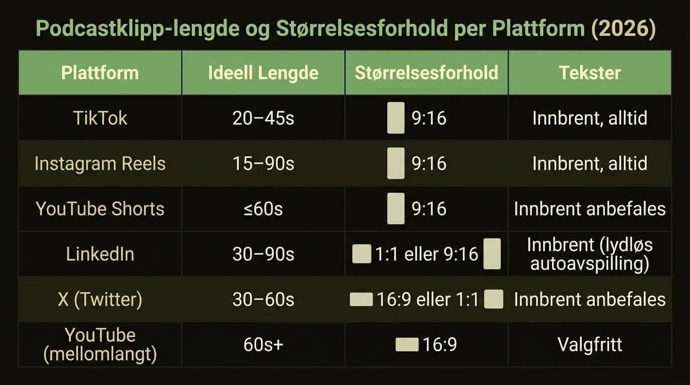 Podcastklipp-lengde og størrelsesforhold per plattform for 2026